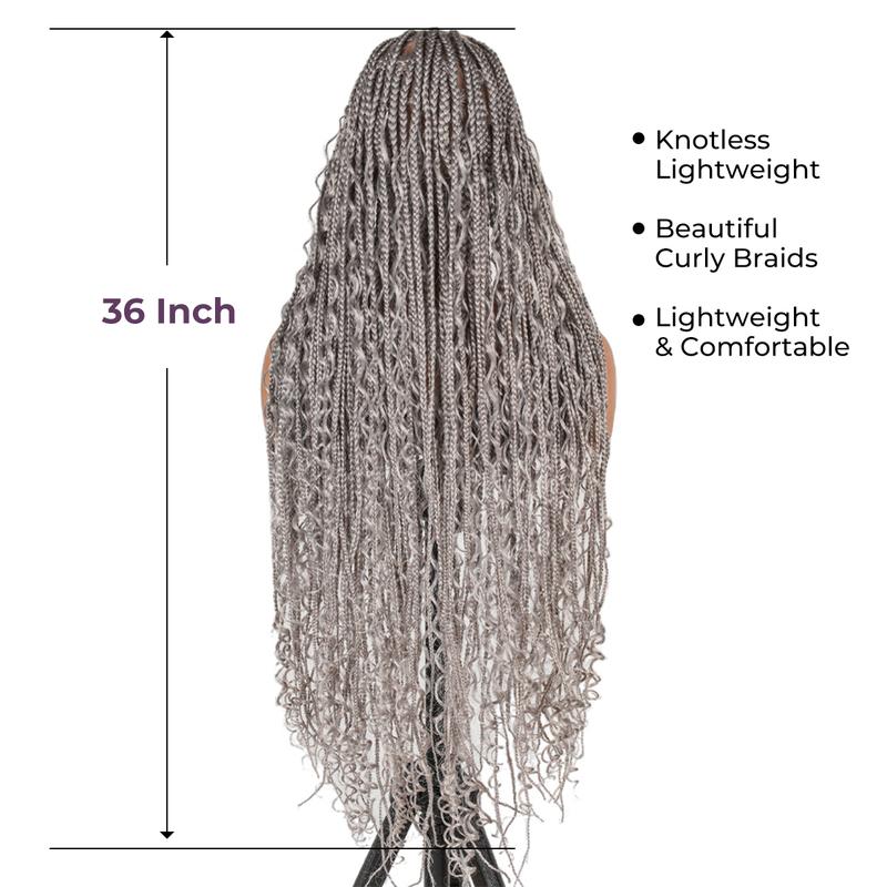SuperNova #Gray 36" Full Lace Bohemian Box Braided Synthetic Wig, Premium Quality, Lightweight, Ideal for Stylish Hair Transformation