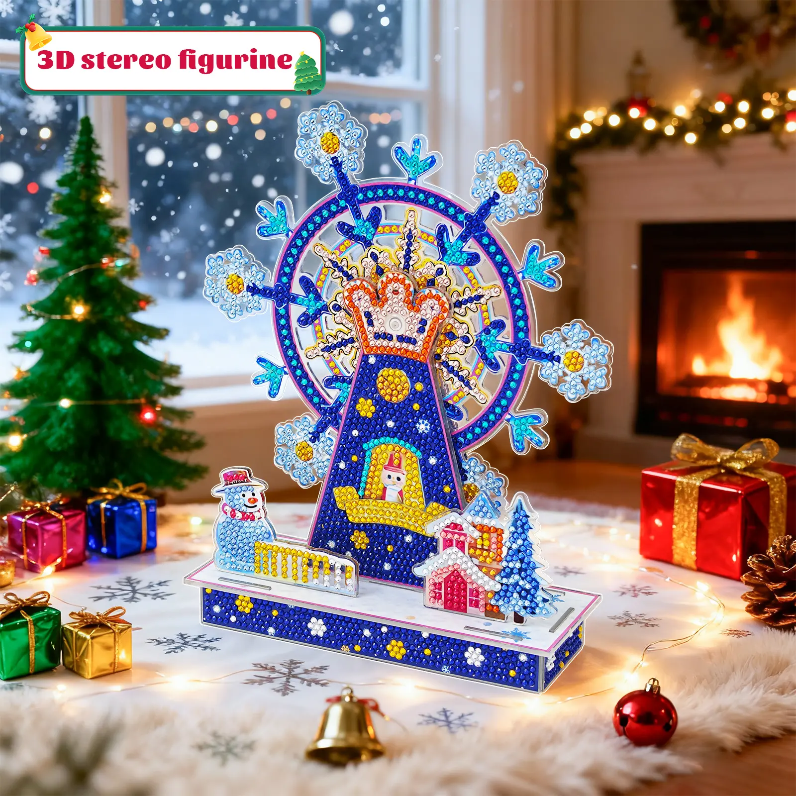 3D Handmade DIY Diamond Art Ferris Wheel Kit - Crafting Project with Snowman & Snow Cabin Stand, Needlework Toy for Home Holiday Table Decoration