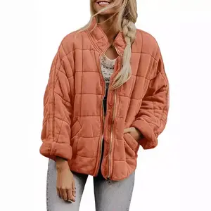 Women's Vintage Oversized Cotton Coat Down Quilted Zipper Jacket Harajuku Stand Collar Long Sleeve Top