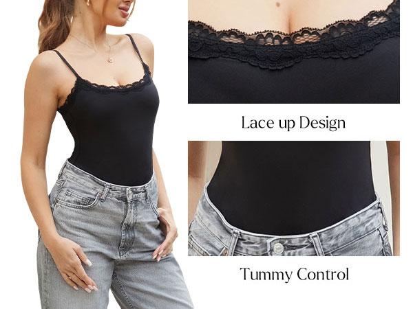 Popilush Lace adjustable Strap Bust BodySuits Women - Going Out Cute Tops Square Neck Sleeveless Tummy Control Mesh Feminine Seamless Elegant Camisole Concert Outfits Spaghetti Strap Womenswear