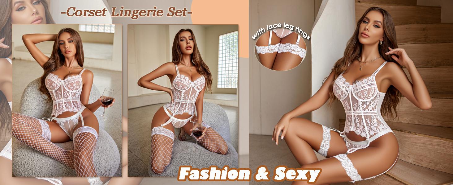 Avidlove Women's Lace Bodysuit Set Bridal Lingerie 4-Piece with Garter Belt and Adjustable Straps, Sleeveless Summer Thin Style, S-XXL (Note: Fits small; please refer to standard size chart for selection) SpringStatements