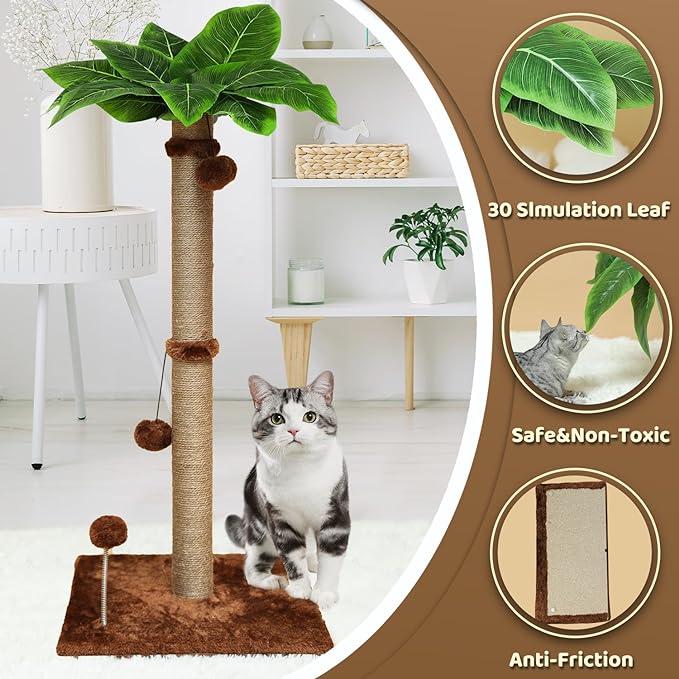 POMESEA Cat Scratching Post, 34'' Tall Scratchers Post for Indoor Cats, Cute Cat Tree Climbing Post for Large Cats and Kittens, Palm Tree