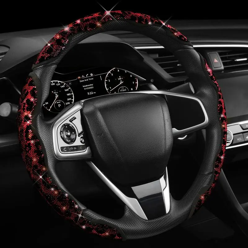 Bling Effect Universal Leopard & Snake Print Steering Wheel Cover - Inlaid with Shiny Crystal Rhinestones, Car Interior Accessory for Cars, SUVs, Trucks, Ideal Birthday Gift Idea for Ladies, Pink/Red/Black Options