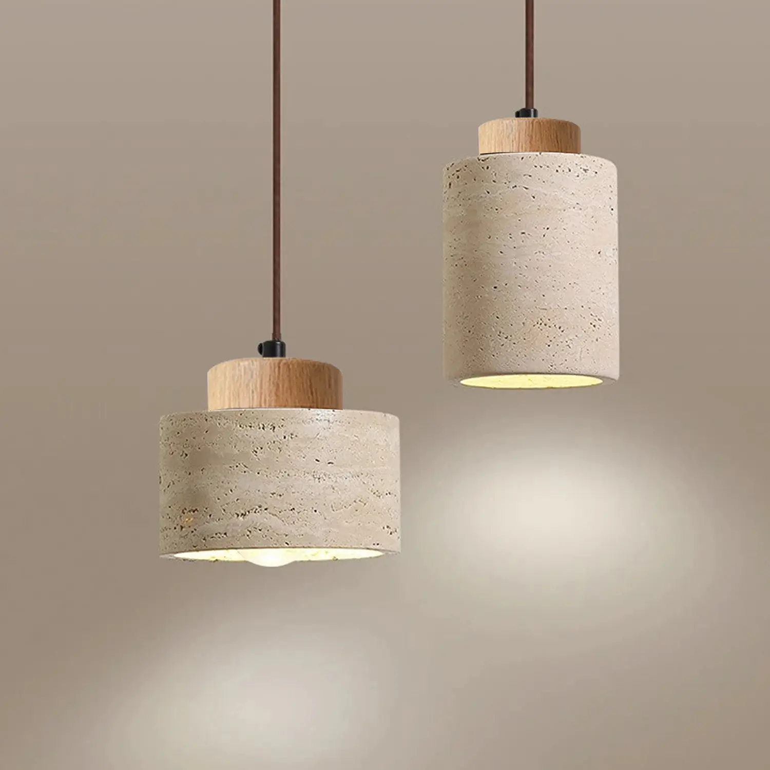 Wabi Sabi Pendant Light Modern Solid Wood & Travertine Lampshade Dining Room Kitchens Island Natural Stone Lamp Hanging Lights Travertine Light