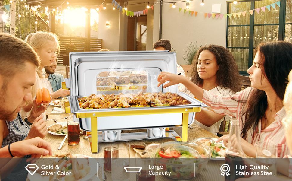 ROVSUN Chafing Dishes for Buffet 2/4/6/8 Pack, 9QT Chafing Dish Buffet Set with Glass Lid, Stainless Steel Buffet Servers and Warmers with Folding Frame for Party Wedding Catering Event, Gold & Silver SpringStatements