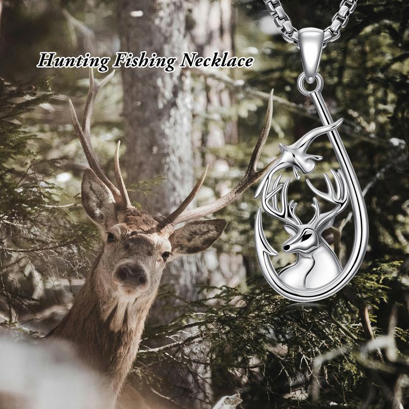 MEIDERBO Jewelry Hunting Fishing Necklace 925 Sterling Silver Fish Hook Pendant Deer Bass Fish Wild Duck Hunting Jewelry Gifts for Men Father Husband Son 22+2 inch adjustable chain