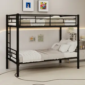 Modern Twin Over Twin Metal Bunk Bed - 350lbs Weight Capacity, 77" L x 40.3" W x 61.4" H Durable and Safe Metal Frame, Convertible to 2 Beds, with Ladder & Guardrail, Assembly Required, No Spring Box Needed