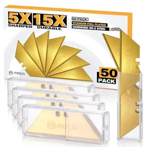 50-Pack Utility Knife Blades, Titanium Fully Plated, Durable SK-2 Razor Blades for Utility Knife Box Cutter, Never Rust, Extra Durable