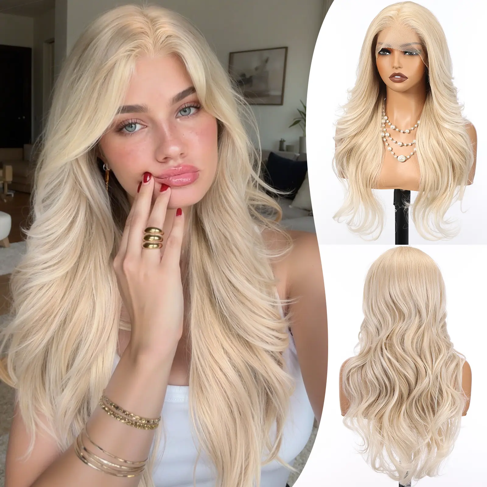 HAIRCUBE 13x4 HD Lace Front Synthetic Blonde Wig for Women 26 Inch,Heat Resistant Long Wave Layered, Glueless Lace Front Wigs
