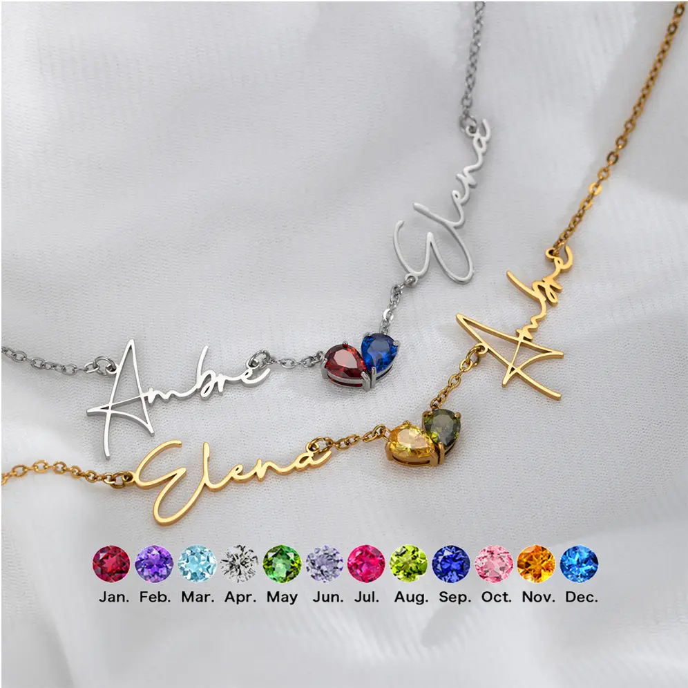 AS518 Private Customization, Stainless Steel Birthstone Double-spell Love Pendant DIY Cutting Name Simple Zircon Necklace Jewelry