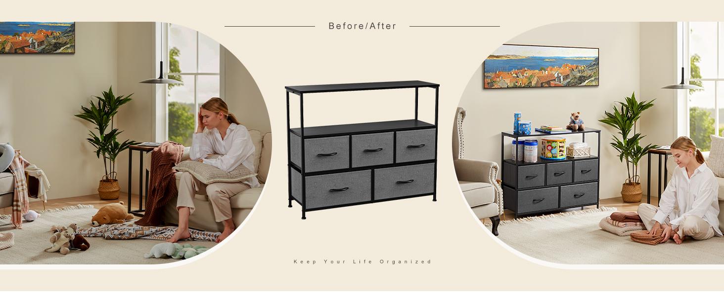 Dresser TV Stand with 5 Fabric Drawers, Media Console Table Entertainment Center with Open Storage Shelf Dresser for Bedroom/Living Room/Hallway