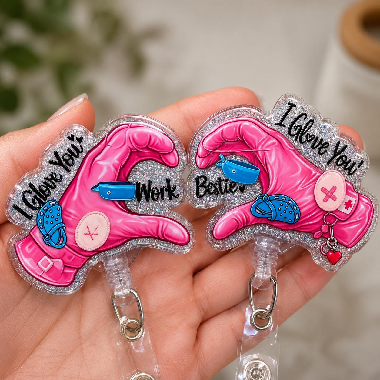Work Bestie Badge Reel Set, Matching Glove Heart Acrylic Badge Holder with Retractable Clip for Nurses and CNAs