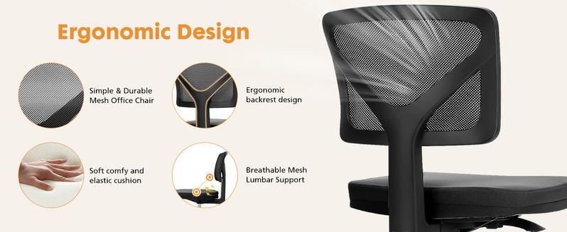 Armless Mesh Office Desk Chair, Ergonomic Computer Desk Chair, No Armrest Small Mid Back Executive Task Chair with Lumbar Support and Swivel Rolling