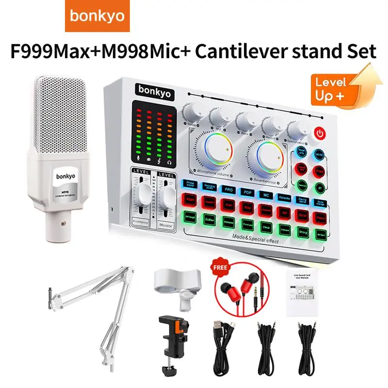 Bonkyo Sound card Set F999MAX+M998Mic, DJ Mixer, Seamless Streaming, Engaging Podcasting & Immersive Gaming for Smartphone Use, White Audio Receiver Amplifier