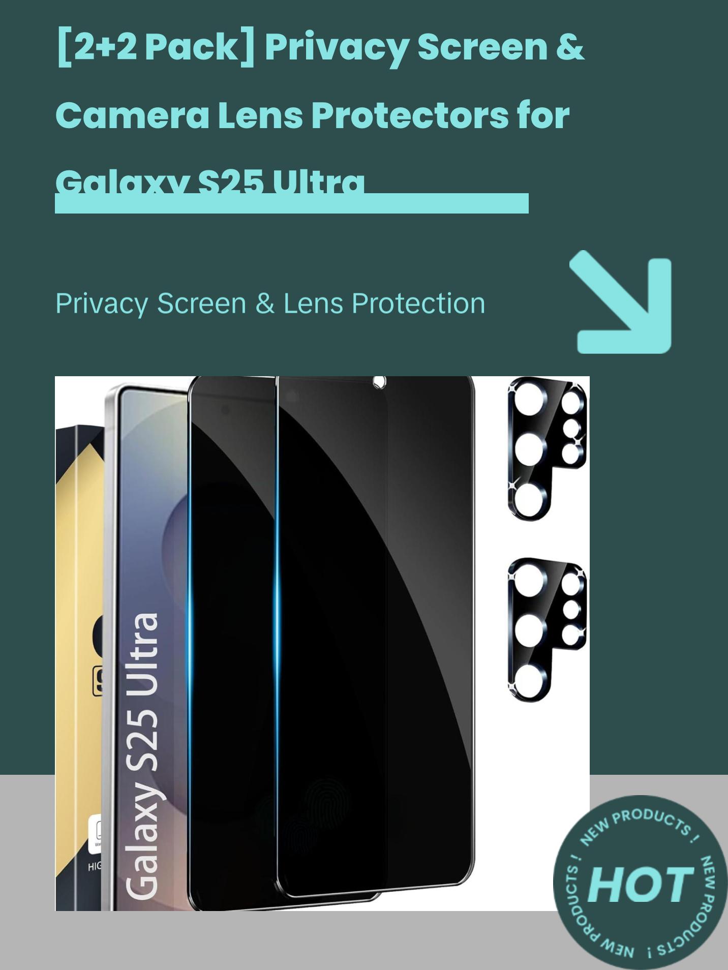 [2+2 Pack] Privacy Screen Protector Compatible with Galaxy S25 Ultra 5G - 2 Tempered Film + 2 Camera Lens Glass, High Clarity, Bubble Free, Anti-Spy Protection - Anti-Shatter Cases Protective