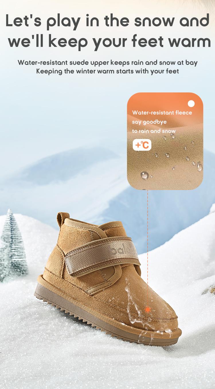 Balabala Winter Short Snow Boots Warm Plush Fleece Lining Anti-Slip TPR Sole Easy Velcro Water-Repellent Suede Stylish Cozy