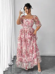 Elenzga Plus Size Floral Mesh Inlay Dress – Elegant Knitted Spring Party Sundress