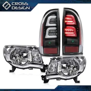 CROSSDESIGN Fit For 2005-2011 Toyota Tacoma Chrome Headlights & 3D LED Tube Bar Tail Lights