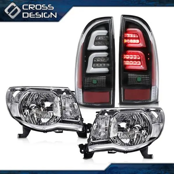 CROSSDESIGN 1 Set Chrome Look Headlights & 3D LED Tube Tailgate Light Bar, Impact-Tough Plastic Car Lighting Compatible with 2005-2011 Toyota Tacoma