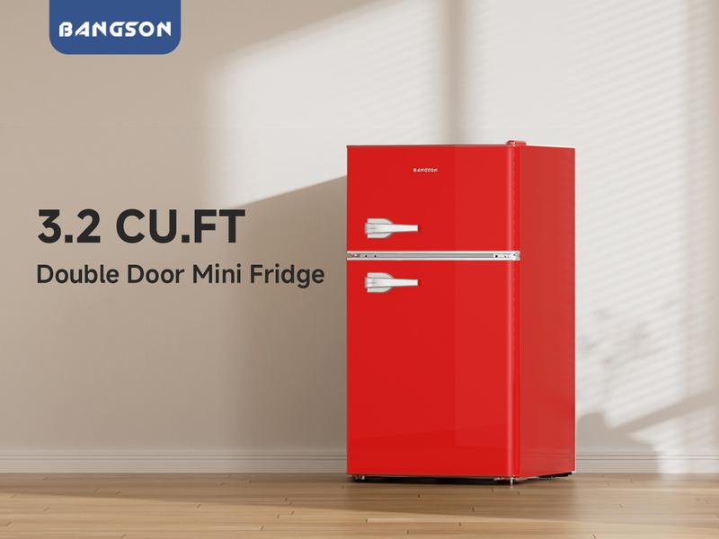BANGSON Retro Fridge 3.2 Cu.Ft Mini Refrigerator with Double Door & Freezer Adjustable Thermostat Energy-Efficient LED Light Red Household Appliance Gift idea Christmas Gift