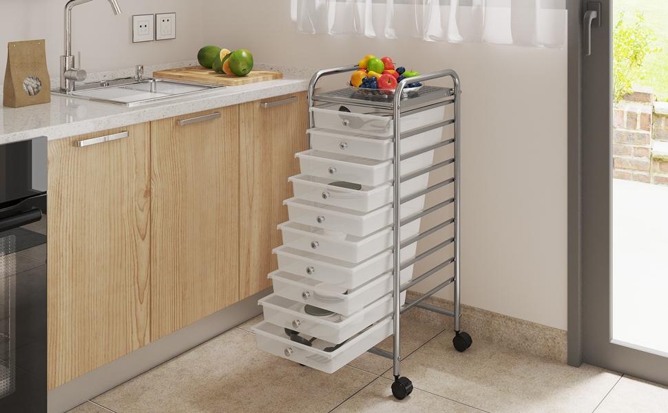 【Heavy Duty】Yaheetech 10-Drawer Rolling Storage Cart with Lockable Wheels Versatile Multi-Purpose Organizer for School Office Home Beauty Saloon Craft Free Gloves