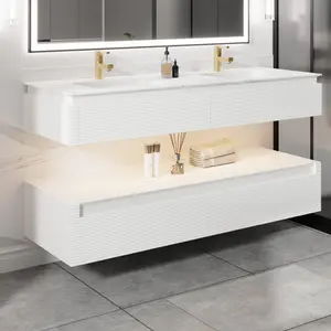 Segeo 60" Modern Solid Oak Floating White Vanity with Artificial Stone Countertop