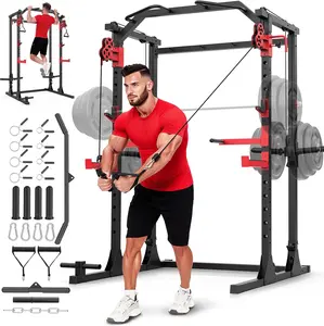 OPPSDECOR Power Cage, 2000LBS Multi-Function Squat Rack with Dual Cable Pulley System, Power Rack with Grip Pull-Up Bar, J-Hooks and More Attachments & Storage for Home Gym Full Body Training