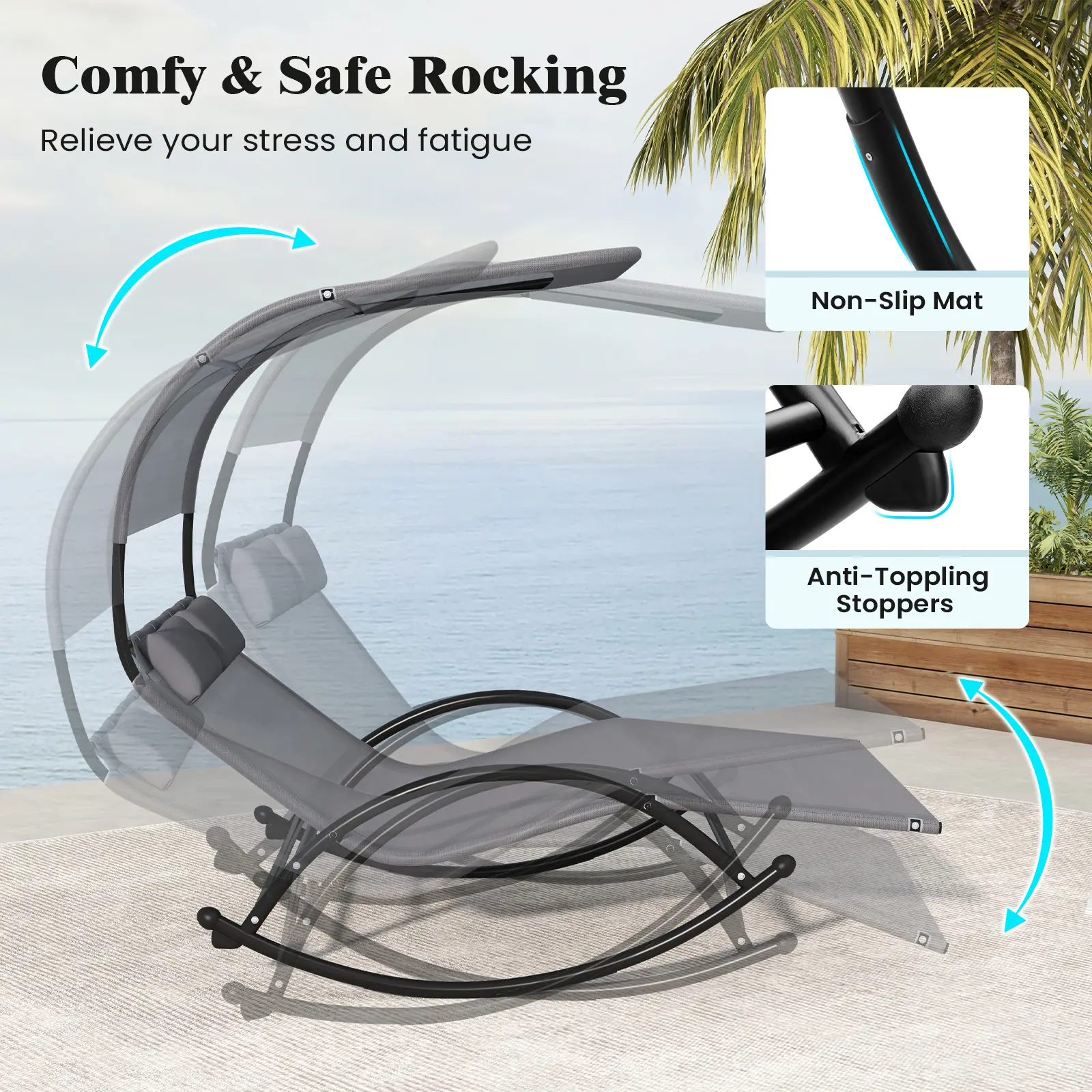 COSTWAY - Outdoor Dual Rocker Sunbed 2-Person Canopied Patio Lounger with Detachable Headrests-Gray