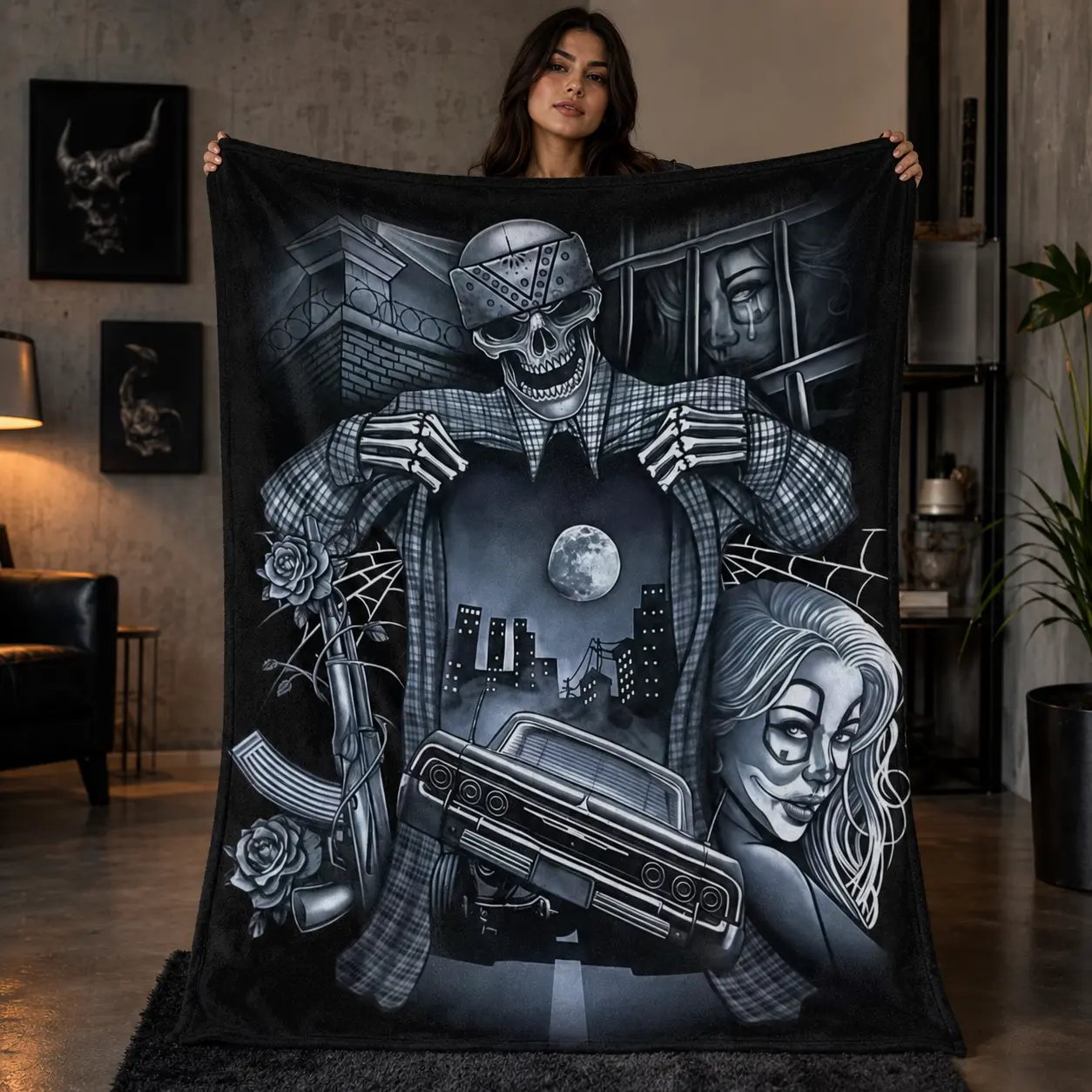 Halloween Day of the Dead Blanket Chicano Gothic Skull Throw Blanket, Black and White,Skeleton Tattoo Art with Roses, Moon and Portrait, Dark Aesthetic Cozy Blanket for Bed Sofa, Alternative Room Decor, Unique Gift for Men Women,Halloween gifts