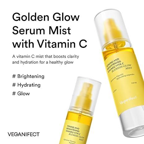 VEGANIFECT Vitamin C Glow Mist for Radiant Skin, Hydrating Serum Mist with Niacinamide & Glutathione, Korean Vegan Skincare, 3.38 Fl Oz
