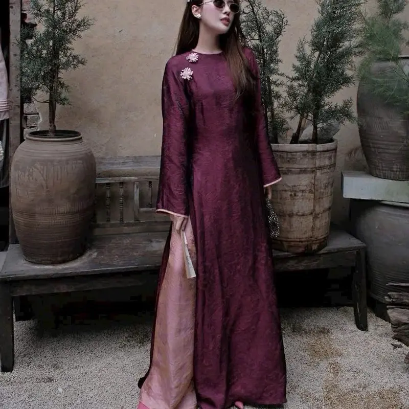 set áo dài gấm viền nút cườm + quần gấm hoa - Vietnamese Traditional dress