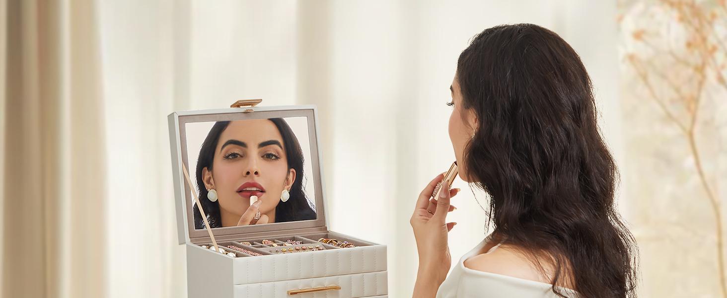 SONGMICS HOME ANAH Collection Jewelry Box with Mirror and Organizer - PU Surface with Stitching and Floating Effect - Gift Idea