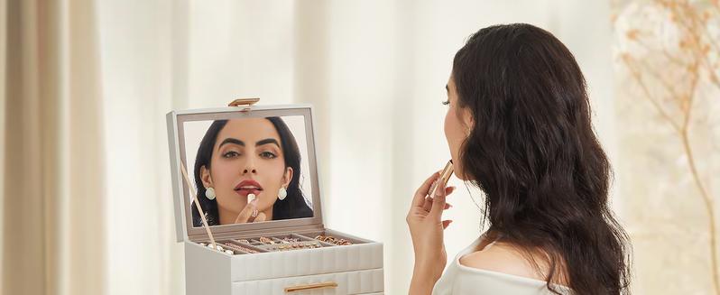 SONGMICS HOME ANAH Collection Jewelry Box with Mirror and Organizer - PU Surface with Stitching and Floating Effect - Gift Idea