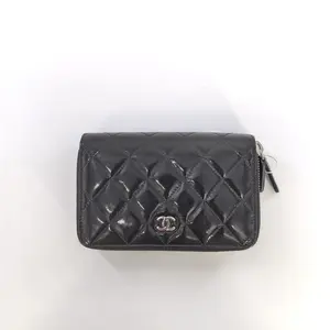 Pre-owned CHANEL Leather Small Leather Goods Patent Silver Double Zipper Bi Fold Wallet Card Holder BF0041 NO1