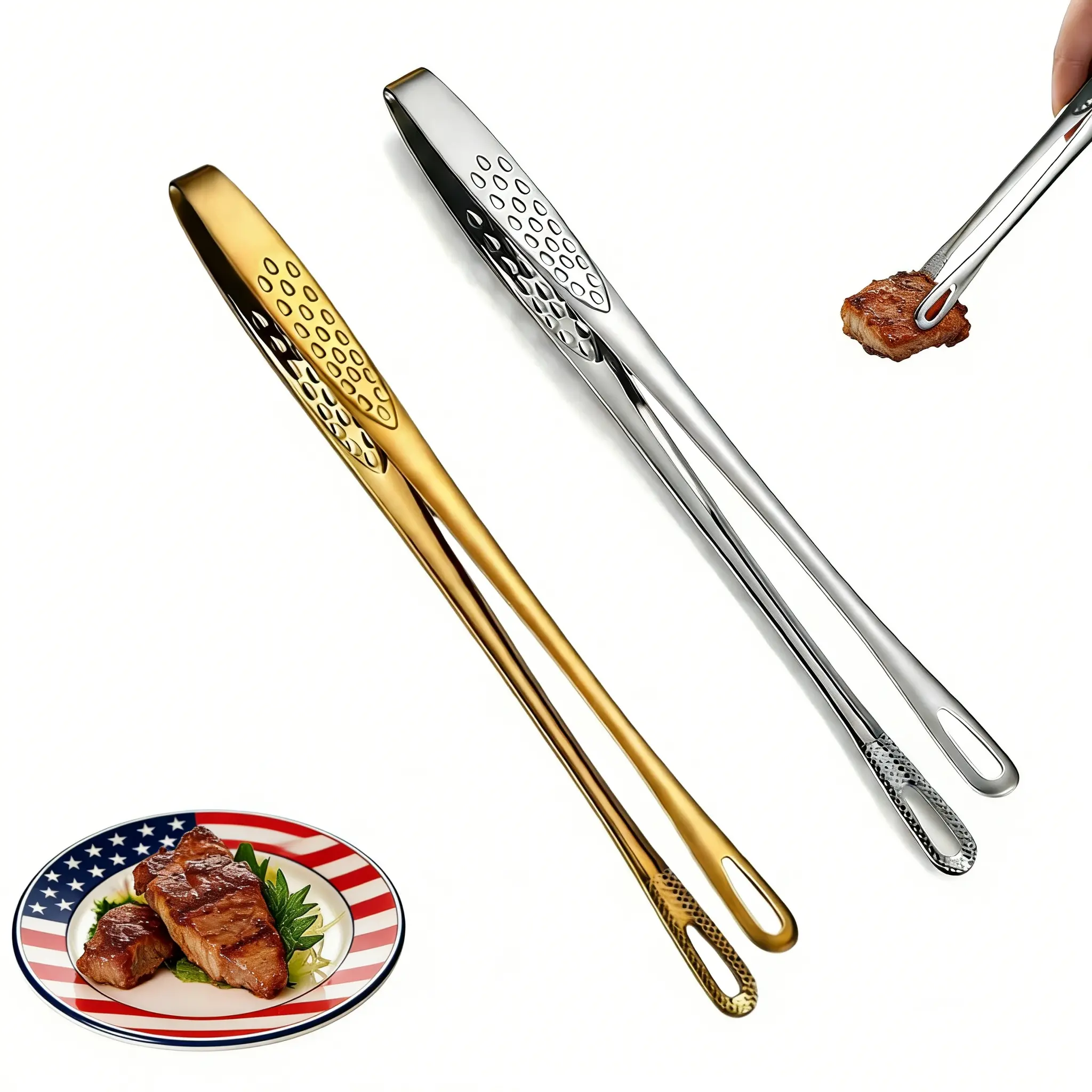 2Pcs Korean-Style 304 Stainless Steel Barbecue Tongs - 10.94in Oil-Resistant Hollow Holes Barbeque-Style Kitchen Utensils, Gold & Silver, Ideal for Baking, Buffet Use