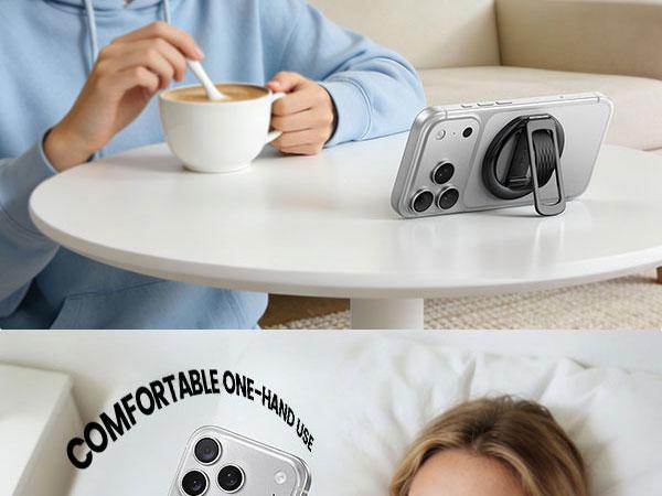 Lamicall Magnetic Phone Grip Holder for MagSafe - [Soft Silicone Loop] Vertical Cell Phone Zinc Alloy Ring Stand Kickstand, Magnet Hand Grip Accessories for iPhone 12-17 Series, Other with Metal Ring