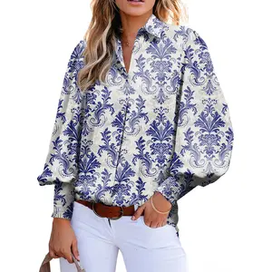 EVALESS Women's Casual Paisley Graphic Floral Print Springtok Shirts Tops V Neck Lantern Long Sleeve Loose Fitted Blouses 2026 Womenswear Trendy Outfits