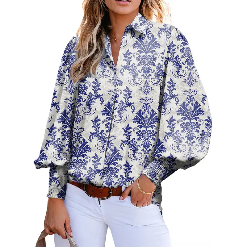 EVALESS Women's Boho Paisley Graphic Blouse - Trendy V-Neck Long Lantern Sleeves Shirt, Button Front Closure, Elastic Details, Lightweight Loose Fit, Polyester Tops for Women, Office Layering, Casual Elegant
