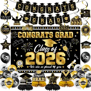Graduation Themed Decorations Set - Class of 2026 Black Graduation Party Decorations, College Decor & Grad Complete Party Supplies for Home Classroom High School & College Celebrations | Elegant Backdrop Balloons Decor Congrats Grad banner