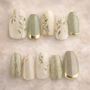 Sage Green Floral Press On Nails, Gold Botanical Accent Nails, Minimalist Handmade Neutral Nail Set, Reusable Glossy Nails