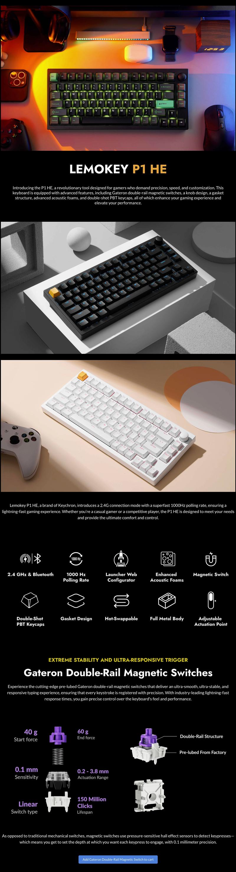 Keychron Lemokey P1 HE Wireless Magnetic Switch Gaming Keyboard, All-White 75% Full Aluminum CNC Body, Hall Effect Rapid Trigger, Snap Tap, South-facing RGB Backlit, Double-shot Shine-Through Keycaps, Tri-Mode, Gasket Mount Custom Esports Board