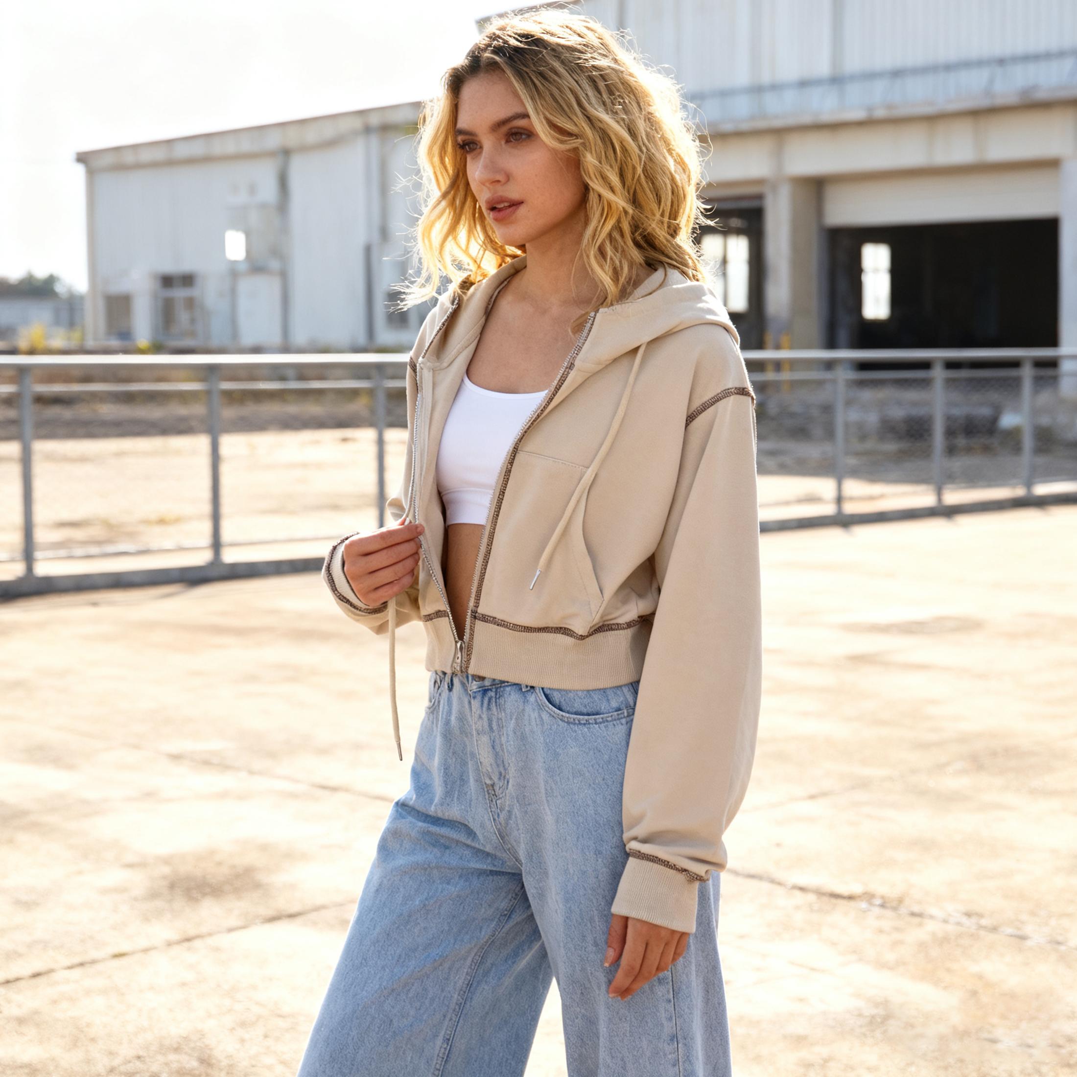 Buenoble Women’s Cropped Zip Up Hoodie Long Sleeve Sweatshirt with Contrast Stitch Casual Loose Fit Jacket