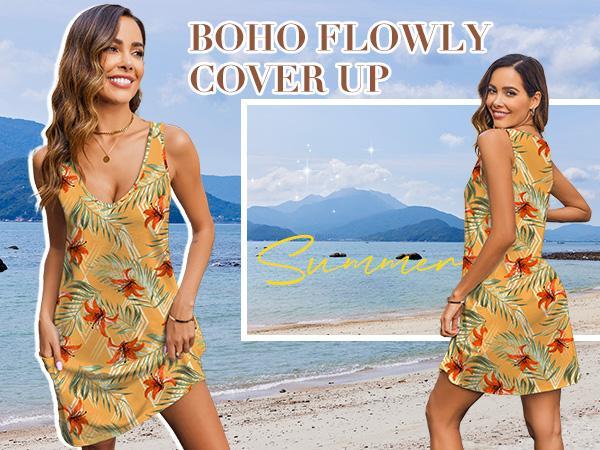 Women's Casual Sundress with Pockets Spring Summer Boho Beach Dress Floral T-Shirts Dress V Neck Loose Tank Dresses Flowy Swing A-Line Mini Dress Machine Washable Elegant Womenswear Thin Slightly translucent Sizes run small