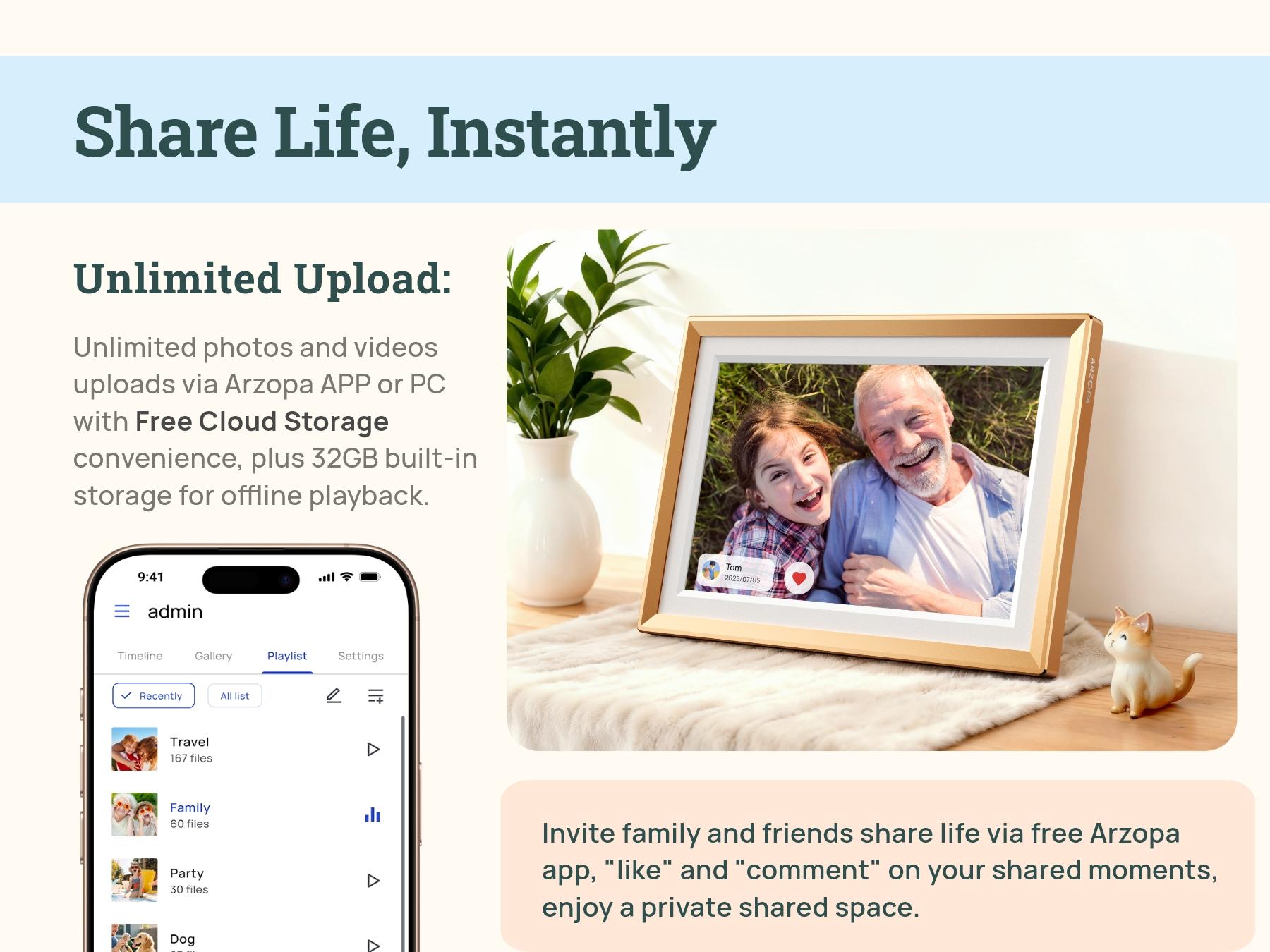 ARZOPA WiFi Digital Touch Screen Photo Frame Free Unlimited Cloud Storage Touchscreen 120s Video Frame PhotoFrame Digital Picture Frame Auto Rotate for Gift Idea
