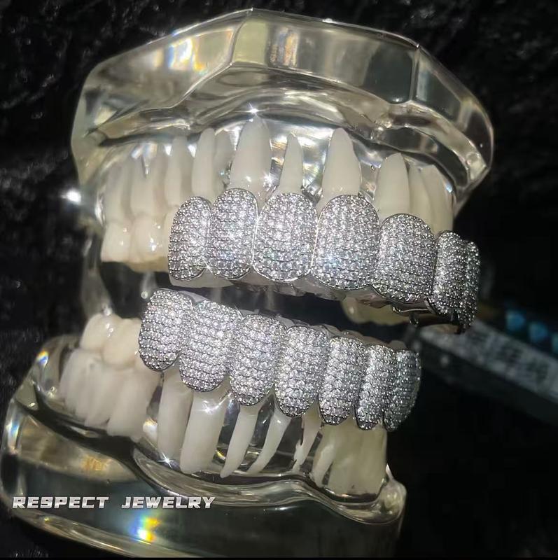 Diamond Grillz unisex 8-Tooth Micro-Paved Zircon Full Coverage Iced Out Luxury Statement Hip Hop Party Nightclub Performance