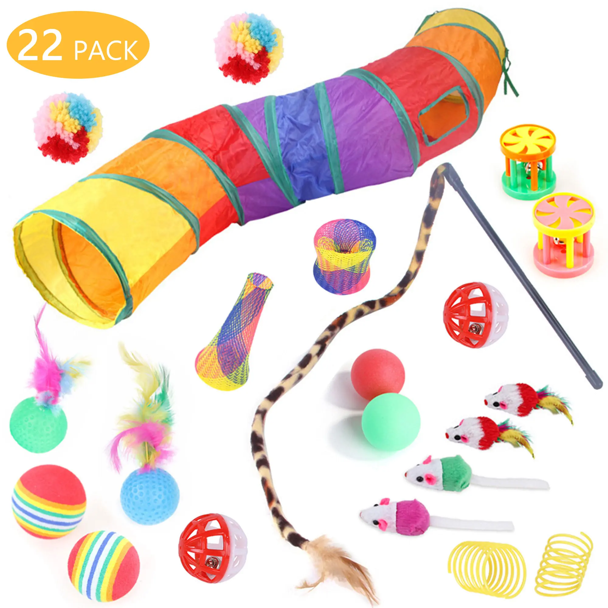 22PCS Folding Camouflage Cat Toy Set - Safe, Natural Materials, Bright Color Mouse, Plush Bell Ball, Bell Chase Sound, Tunnel Hide-and-Seek - Indoor Interactive Exercise Toy for Kittens, Mother's Day Gift