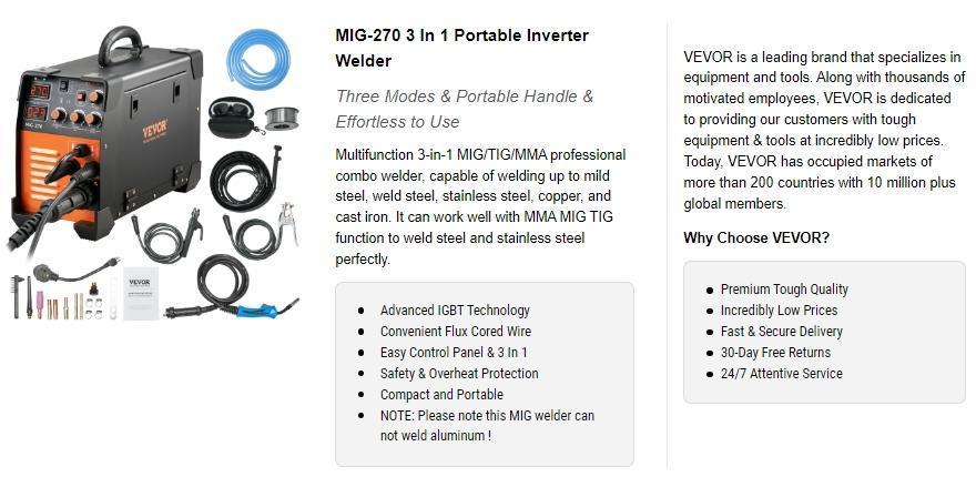 VEVOR Mig Welder Welding Machine 270A MIG MMA TIG 3 In 1 Welder Combo 110V/220V VEVOR Mig Welder Welding Machine 270A MIG MMA TIG 3 In 1 Welder Combo 110V/220V