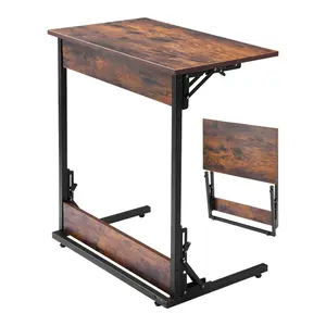 Folding C Shaped End Table With Metal Frame And Adjustable Feet, Foldable C Shaped Side Table For Living Room, Bedroom And Office, 23.62 X 14.57 X 27.56 Inch, C Shaped TV Tray, Brown And Black Finish