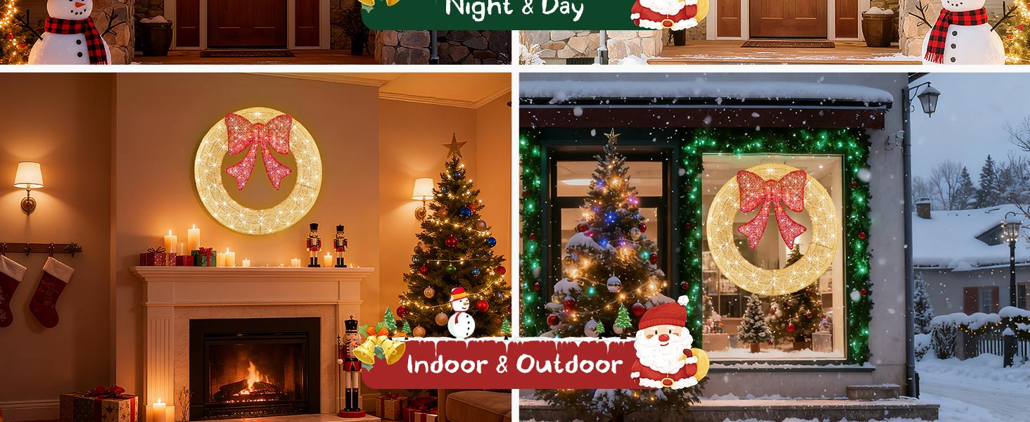 Pre-Lit Christmas Wreath, LED Lighted Holiday Outdoor Decoration with Bow for Door, Mantel, Wall, Windows, Front Door Decor, Gold Wreath