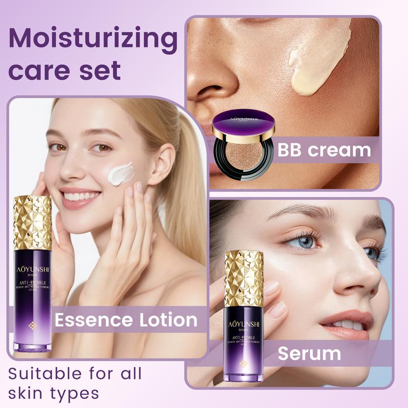 A seven-piece facial care set, including cleanser, toner, moisturizing lotion, serum, eye cream, face cream, and foundation, offers hydrating, moisturizing, and firming benefits.  Perfect as a Valentine's Day gift, Mother's Day gift, or everyday gift.